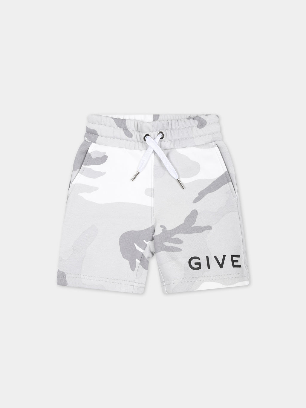 Grey shorts for baby boy with camouflage print and logo